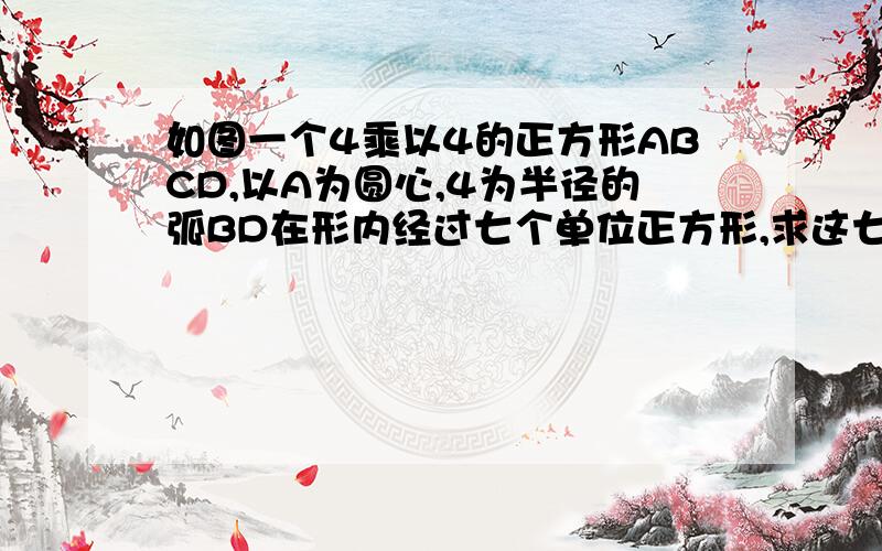 如图一个4乘以4的正方形ABCD,以A为圆心,4为半径的弧BD在形内经过七个单位正方形,求这七个单位正方形在弧BD内侧部分减去外侧部分的面积的差