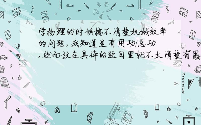 学物理的时候搞不清楚机械效率的问题,我知道是有用功/总功,然而放在具体的题目里就不太清楚有用功如何计算了……请哪位有耐心的童鞋解释下好吗?尤其是滑轮组的问题~