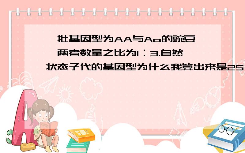 一批基因型为AA与Aa的豌豆,两者数量之比为1：3.自然状态子代的基因型为什么我算出来是25：30什么的