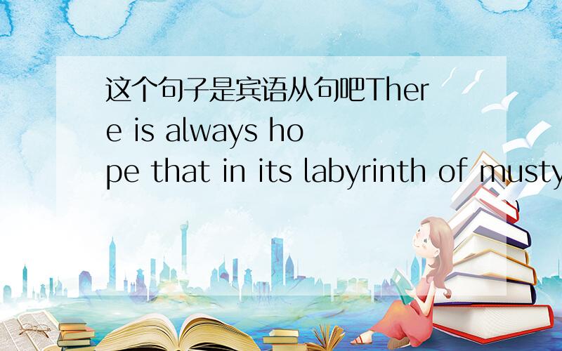 这个句子是宾语从句吧There is always hope that in its labyrinth of musty,dark,disordered rooms a real rarity will be found amongst the piles of assorted junk that litter the floors.that后面的是宾语从句,is hope构成谓语,