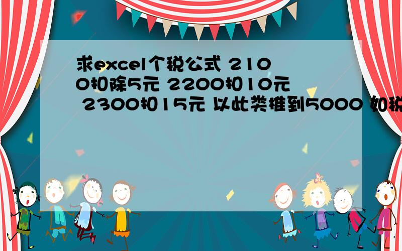 求excel个税公式 2100扣除5元 2200扣10元 2300扣15元 以此类推到5000 如税前金额在P1 个税在W1