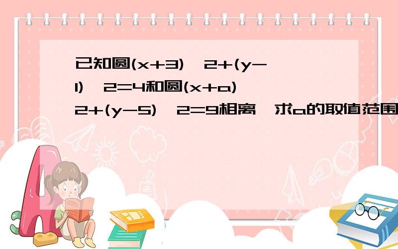 已知圆(x+3)^2+(y-1)^2=4和圆(x+a)^2+(y-5)^2=9相离,求a的取值范围