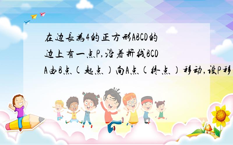 在边长为4的正方形ABCD的边上有一点P,沿着折线BCDA由B点(起点)向A点(终点)移动,设P移动的距离为X,三角形ABP的面积为S（1）求函数S=f(x)的解析式,并写出定义域（2）求f[f(3)]的值