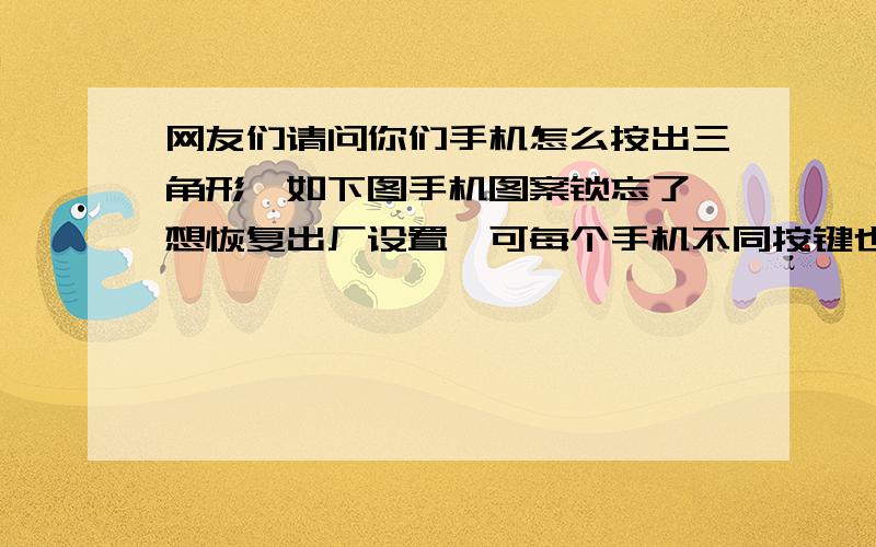 网友们请问你们手机怎么按出三角形,如下图手机图案锁忘了,想恢复出厂设置,可每个手机不同按键也不同,所以想在这里收集一下各网友的(手机不同按键)