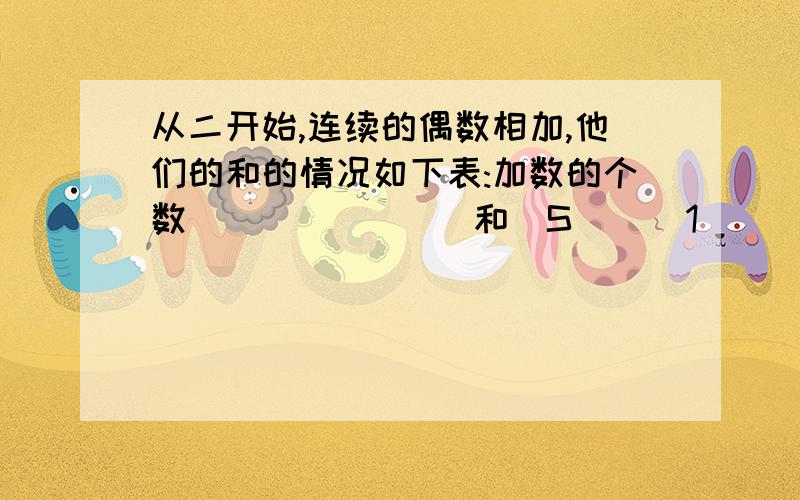 从二开始,连续的偶数相加,他们的和的情况如下表:加数的个数               和(S)    1                   2=1×2    2                2+4+6=2*3    3               2+4+6=12=3*4     4              2+4+6+8=20=4*5    5             2+4+