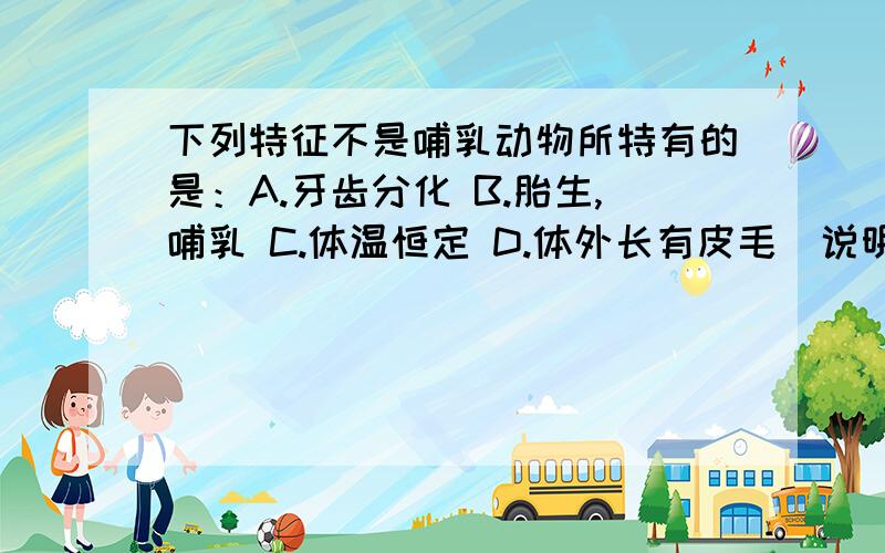 下列特征不是哺乳动物所特有的是：A.牙齿分化 B.胎生,哺乳 C.体温恒定 D.体外长有皮毛（说明原因,