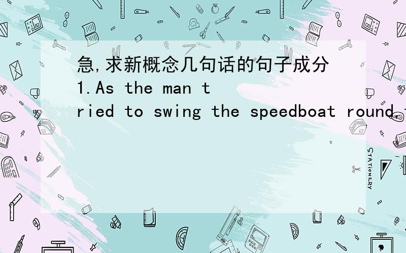 急,求新概念几句话的句子成分1.As the man tried to swing the speedboat round,the steering wheel came away inhis hands.2.He waved desperately to his companion,who had been water-skiing for the last fifteen minutes.3.Both men hadardly had ti