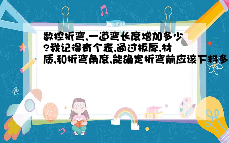 数控折弯,一道弯长度增加多少?我记得有个表,通过板厚,材质,和折弯角度,能确定折弯前应该下料多长,也就是已知折弯后两边长度,能求出应该用冲床下多长的料,需要减去一个值,