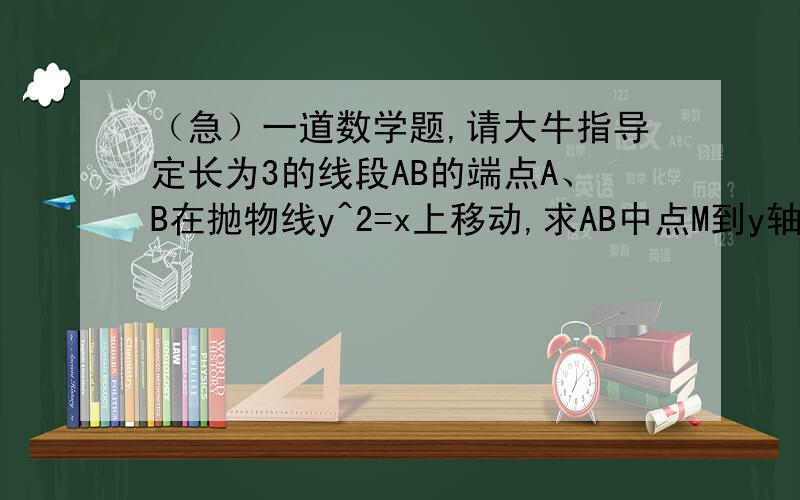 （急）一道数学题,请大牛指导定长为3的线段AB的端点A、B在抛物线y^2=x上移动,求AB中点M到y轴的最小值,并求出此时AB中点M的坐标.