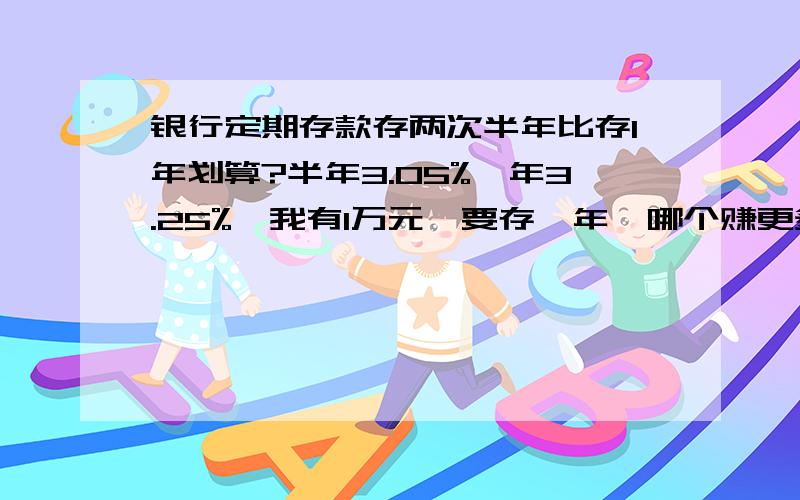 银行定期存款存两次半年比存1年划算?半年3.05%一年3.25%,我有1万元,要存一年,哪个赚更多?