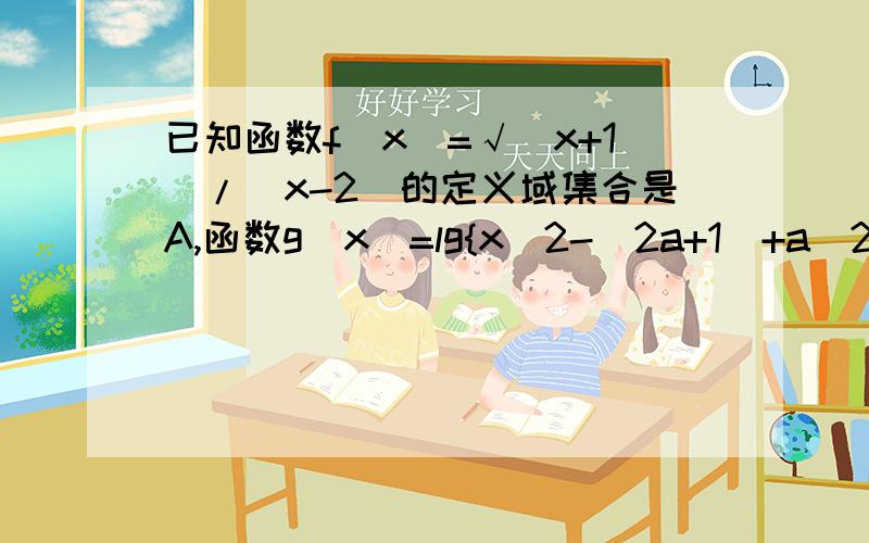 已知函数f（x）=√（x+1）/（x-2）的定义域集合是A,函数g(x)=lg{x^2-(2a+1)+a^2+a}的定义域集合是B10 - 离问题结束还有 14 天 23 小时已知函数f（x）=√（x+1）/（x-2）的定义域集合是A,函数g(x)=lg{x^2-(2a+