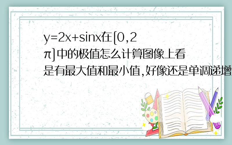 y=2x+sinx在[0,2π]中的极值怎么计算图像上看是有最大值和最小值,好像还是单调递增这是用画图软件看的可是怎么从计算上证明我的感觉呢?