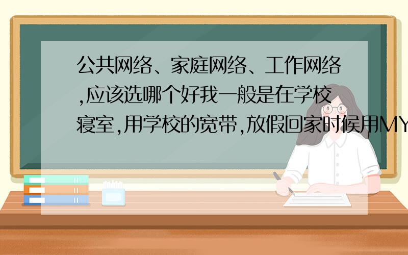 公共网络、家庭网络、工作网络,应该选哪个好我一般是在学校寝室,用学校的宽带,放假回家时候用MY ADSL,我对电脑不懂,