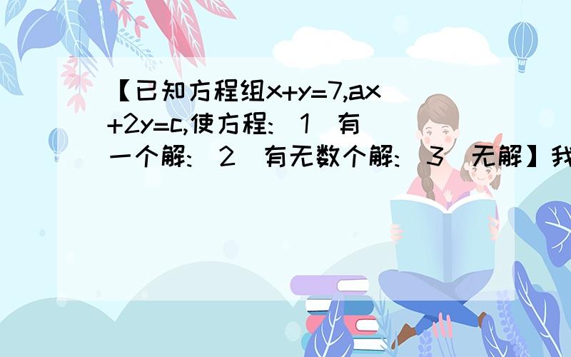 【已知方程组x+y=7,ax+2y=c,使方程:(1)有一个解:(2)有无数个解:(3)无解】我知道答案,但是不知道缘由.一个解：1/a≠1/2 ∴a≠2 c为任意实数无数解：1/a=1/2=7/c ∴a=2 c=14无解：1/a=1/2≠7/c ∴a=2 c≠14我