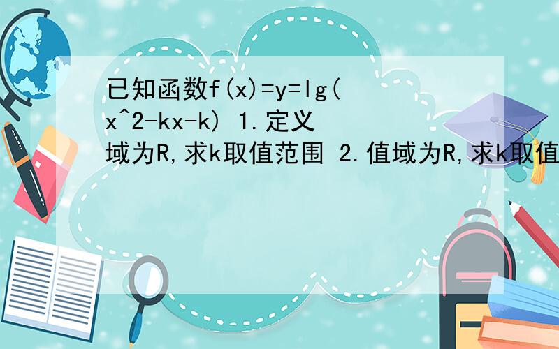 已知函数f(x)=y=lg(x^2-kx-k) 1.定义域为R,求k取值范围 2.值域为R,求k取值范围