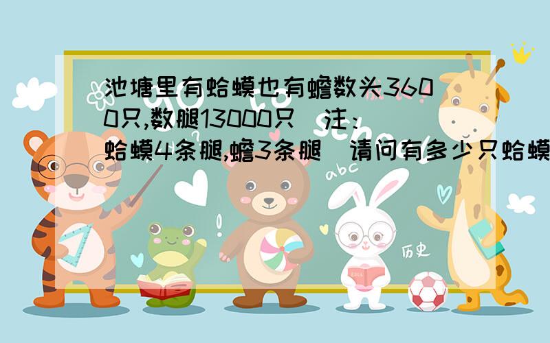 池塘里有蛤蟆也有蟾数头3600只,数腿13000只（注：蛤蟆4条腿,蟾3条腿）请问有多少只蛤蟆多少只蟾?