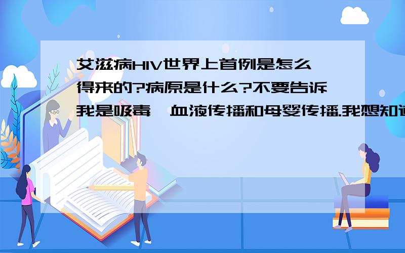 艾滋病HIV世界上首例是怎么得来的?病原是什么?不要告诉我是吸毒,血液传播和母婴传播.我想知道病原,就像“SARS病原来自于果子狸”,那么HIV来自哪里?是否有查出来?