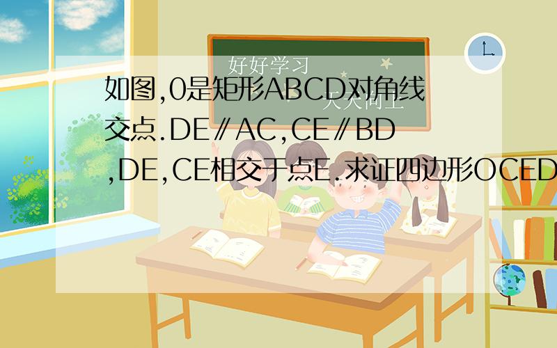 如图,0是矩形ABCD对角线交点.DE∥AC,CE∥BD,DE,CE相交于点E.求证四边形OCED是菱形