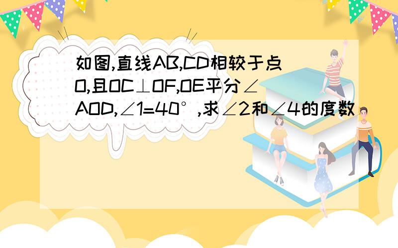 如图,直线AB,CD相较于点O,且OC⊥OF,OE平分∠AOD,∠1=40°,求∠2和∠4的度数