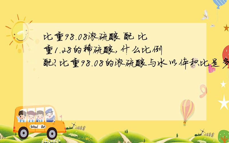 比重98.08浓硫酸 配 比重1.28的稀硫酸,什么比例配?比重98.08的浓硫酸与水以体积比是多少的比例混合比重1。84浓硫酸 配 28稀硫酸