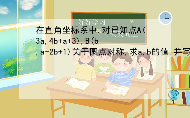 在直角坐标系中,对已知点A(3a,4b+a+3),B(b,a-2b+1)关于圆点对称,求a,b的值,并写出在直角坐标系中,对已知点A（3a,4b+a+3）,B（b,a-2b+1）关于圆点对称,求a,b的值,并写出这两个点的坐标要过程!急急急