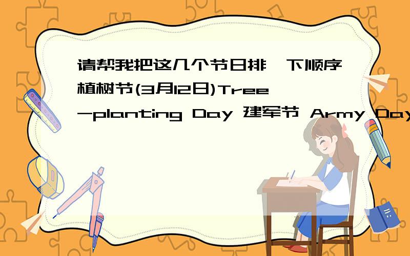 请帮我把这几个节日排一下顺序植树节(3月12日)Tree-planting Day 建军节 Army Day August .1 国庆节 National Day October.1 中秋节(农历八月十五)Mid-autumn Day元宵节Lantern’s Day农历正月十五端午节 Dragon Boat F