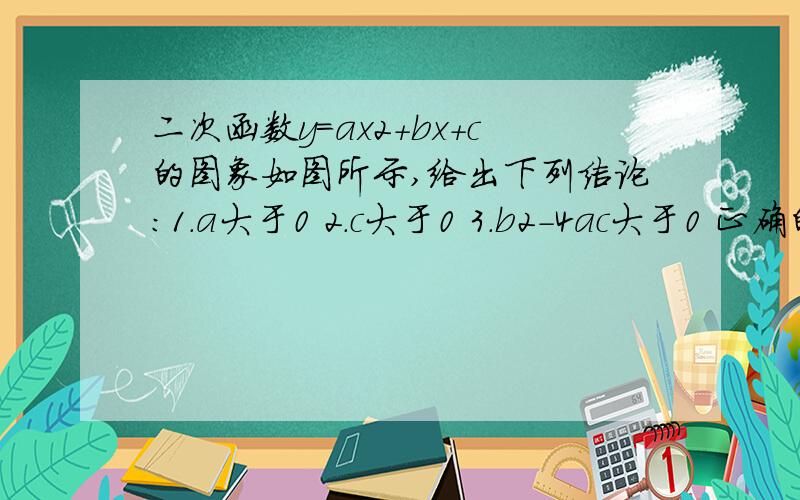 二次函数y=ax2+bx+c的图象如图所示,给出下列结论：1.a大于0 2.c大于0 3.b2-4ac大于0 正确的有?怎么看?