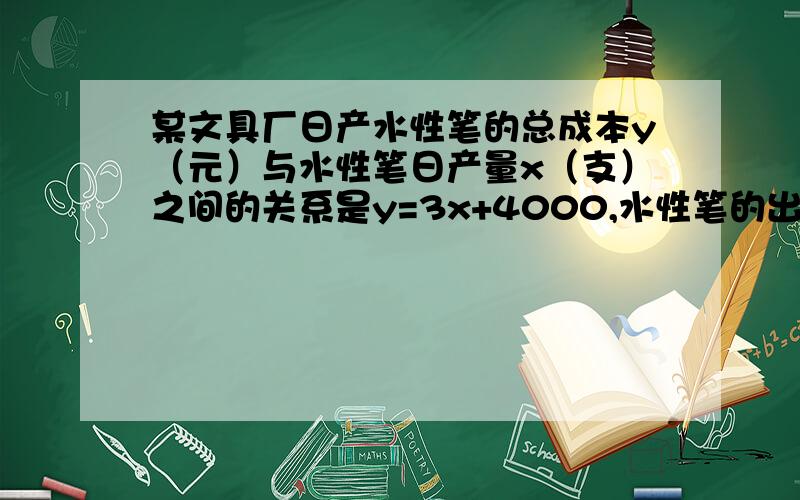 某文具厂日产水性笔的总成本y（元）与水性笔日产量x（支）之间的关系是y=3x+4000,水性笔的出厂价是每支5