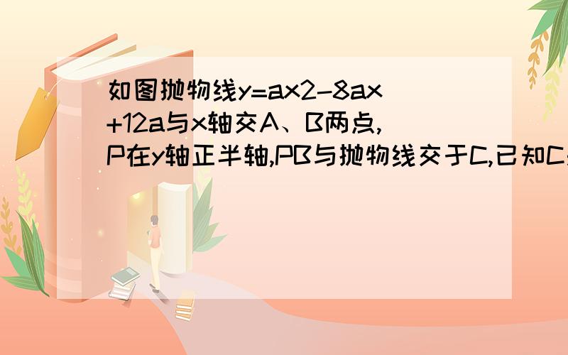 如图抛物线y=ax2-8ax+12a与x轴交A、B两点,P在y轴正半轴,PB与抛物线交于C,已知C是BP的中点,∠PBO=45°图在这1、求抛物线解析式2、若将该抛物线沿x轴或y轴方向平移，使平移后的抛物线以P为顶点，