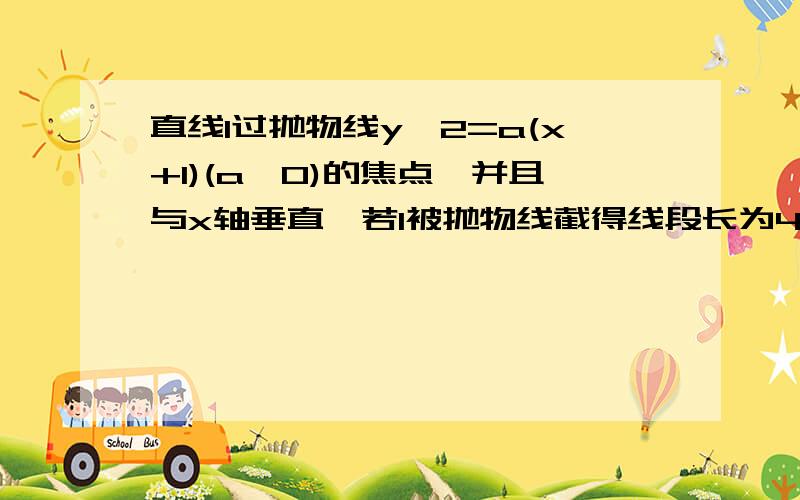 直线l过抛物线y^2=a(x+1)(a>0)的焦点,并且与x轴垂直,若l被抛物线截得线段长为4.则a=急用