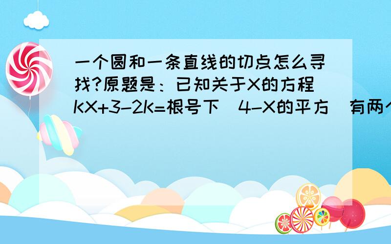 一个圆和一条直线的切点怎么寻找?原题是：已知关于X的方程KX+3-2K=根号下（4-X的平方）有两个不同的实数解,则实数k的范围