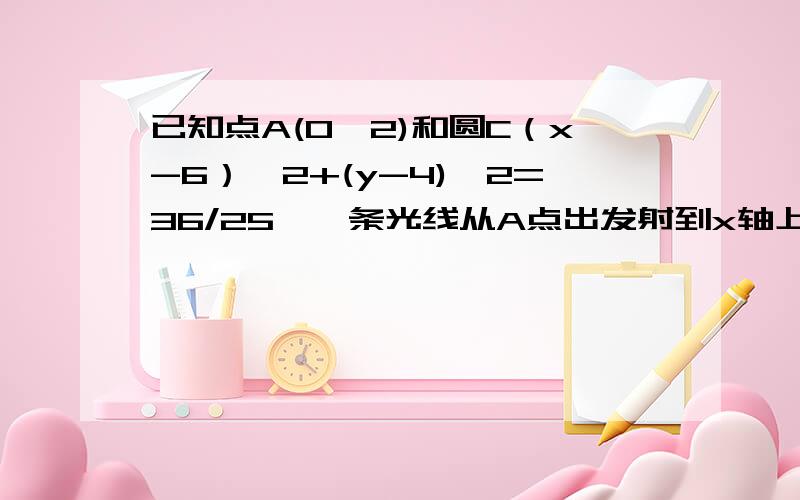 已知点A(0,2)和圆C（x-6）^2+(y-4)^2=36/25,一条光线从A点出发射到x轴上后沿圆的切线方向反射.1、求这条光线从A点到切点所经过的路程2、求入射光线的方程