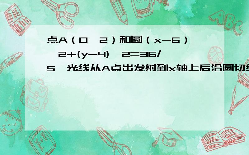 点A（0,2）和圆（x-6）^2+(y-4)^2=36/5,光线从A点出发射到x轴上后沿圆切线方向反射求这束光线从A点到切点所经过的路程