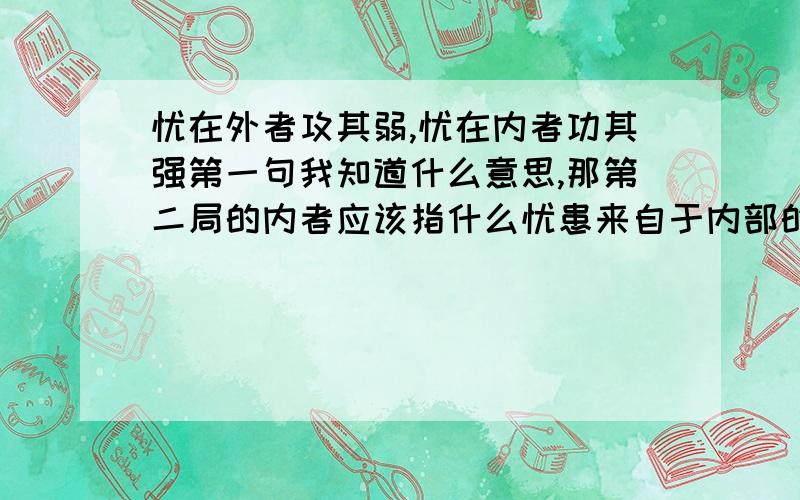 忧在外者攻其弱,忧在内者功其强第一句我知道什么意思,那第二局的内者应该指什么忧患来自于内部的对手,就应该攻击强大的敌国,借其手来除掉自己的对手.这句话该怎么解释