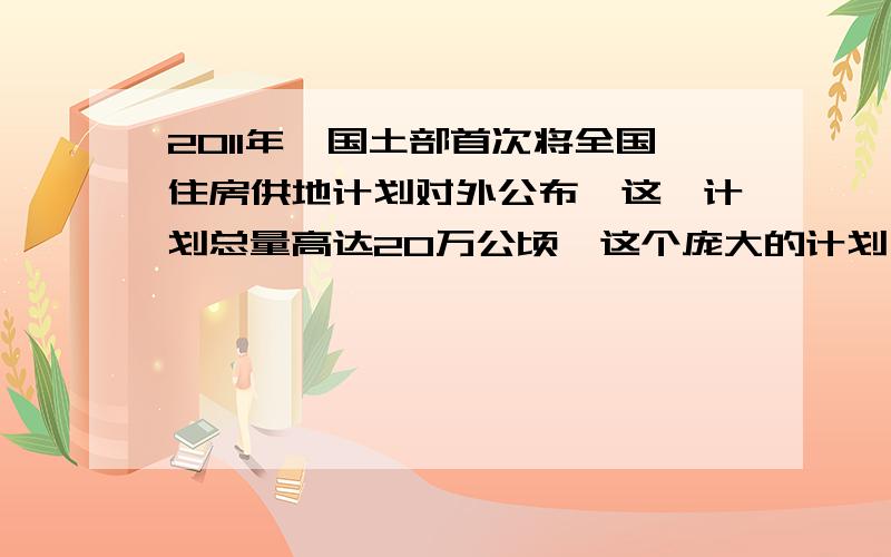 2011年,国土部首次将全国住房供地计划对外公布,这一计划总量高达20万公顷,这个庞大的计划一度惊动业界.认为其将对平仰房价发挥重要作用,不过,当年该计划只完成18公顷.（1）若2012年住房