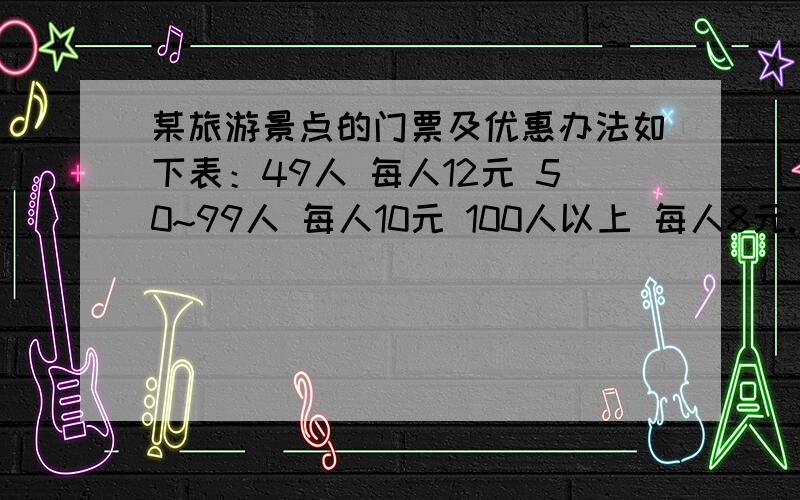 某旅游景点的门票及优惠办法如下表：49人 每人12元 50~99人 每人10元 100人以上 每人8元.现有两个旅游团,若分别购票,两个团共应付门票1166元；如果两个团合并在一起购票,两个团一共只需880元