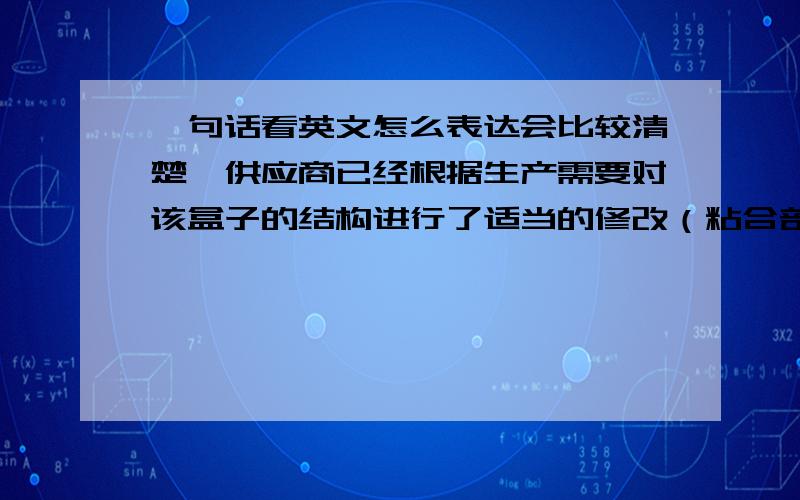 一句话看英文怎么表达会比较清楚,供应商已经根据生产需要对该盒子的结构进行了适当的修改（粘合部分）