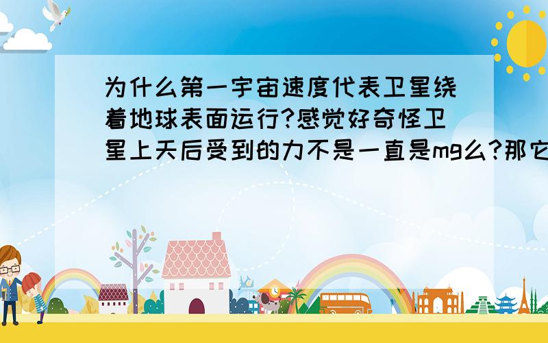 为什么第一宇宙速度代表卫星绕着地球表面运行?感觉好奇怪卫星上天后受到的力不是一直是mg么?那它的r越来越大,v不是也增大?为啥第一宇宙速度贴着地球反而还是最大环绕速度了呢?