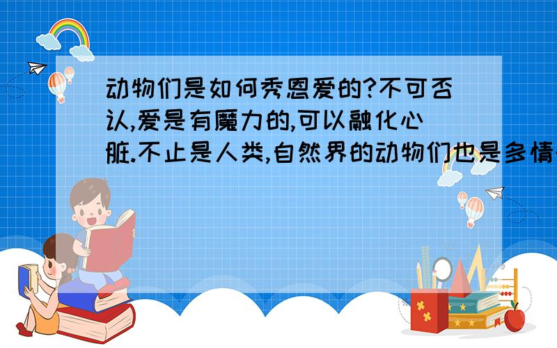 动物们是如何秀恩爱的?不可否认,爱是有魔力的,可以融化心脏.不止是人类,自然界的动物们也是多情的.它们也会xiuxiuw.com含情脉脉,眉目传情,要么羞涩的紧挨着对方轻轻触碰,要么大胆的亲吻