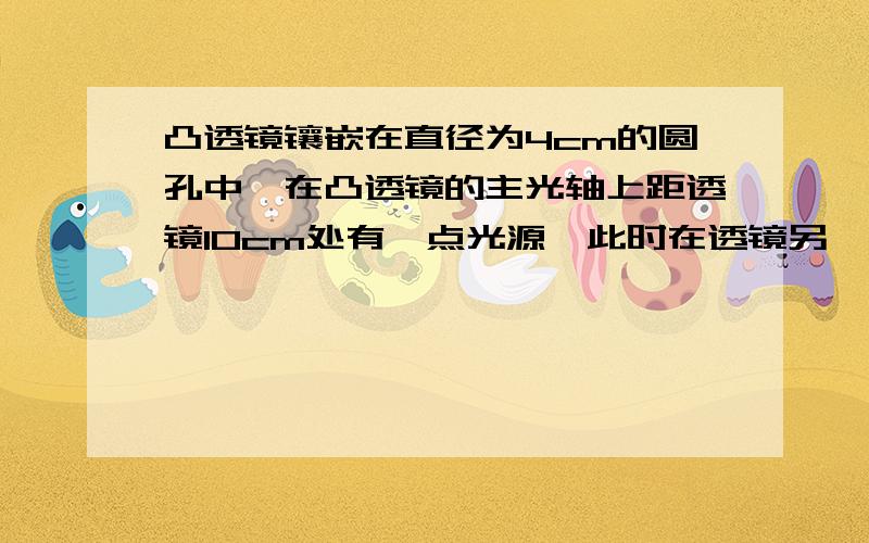 凸透镜镶嵌在直径为4cm的圆孔中,在凸透镜的主光轴上距透镜10cm处有一点光源,此时在透镜另一侧垂直于驻广州的光屏上有一清晰的像,现把透镜从圆孔中取出,则主屏上有一个6cm直射的光斑,求