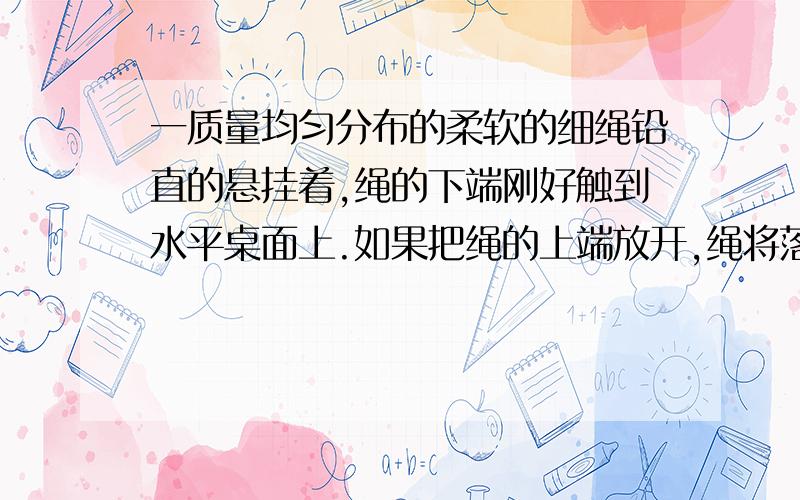 一质量均匀分布的柔软的细绳铅直的悬挂着,绳的下端刚好触到水平桌面上.如果把绳的上端放开,绳将落在桌面上,试证明:在绳落下的过程中,任意时刻作用于桌面的压力,等于已落到桌面上的绳