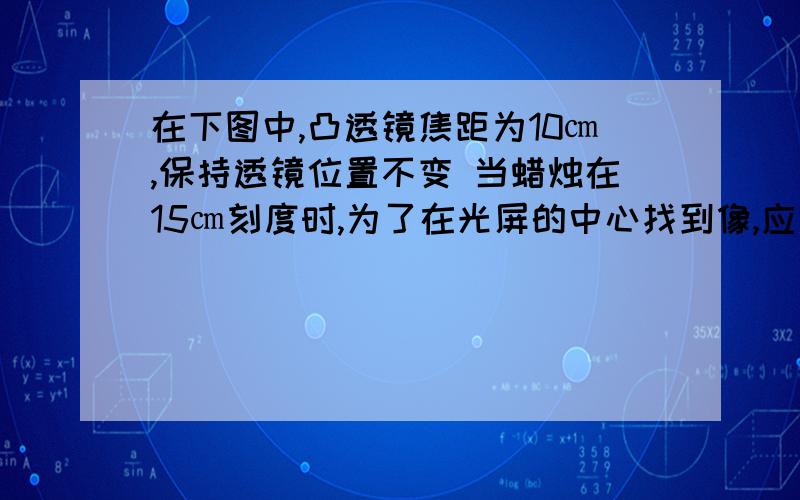 在下图中,凸透镜焦距为10㎝,保持透镜位置不变 当蜡烛在15㎝刻度时,为了在光屏的中心找到像,应调整光屏的（ ）,并将光屏向（ ）（此空填远离透镜或靠近）方向移动