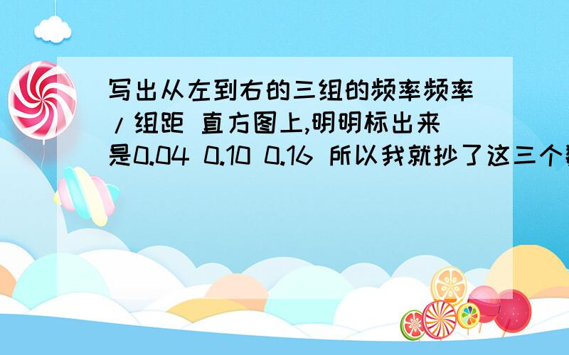 写出从左到右的三组的频率频率/组距 直方图上,明明标出来是0.04 0.10 0.16 所以我就抄了这三个数上去结果答案是0.06 0.15 0.24.频率分布直方图怎么算的?