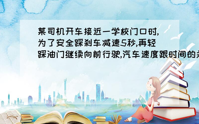 某司机开车接近一学校门口时,为了安全踩刹车减速5秒,再轻踩油门继续向前行驶,汽车速度跟时间的关系如图(速度单位为米/秒,时间单位为秒),则A．在5到10秒之间,汽车是静止的B．在0到10秒之