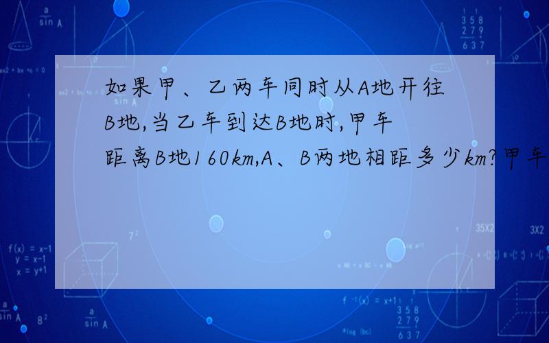 如果甲、乙两车同时从A地开往B地,当乙车到达B地时,甲车距离B地160km,A、B两地相距多少km?甲车是实线,乙车是虚线.明天就要交.