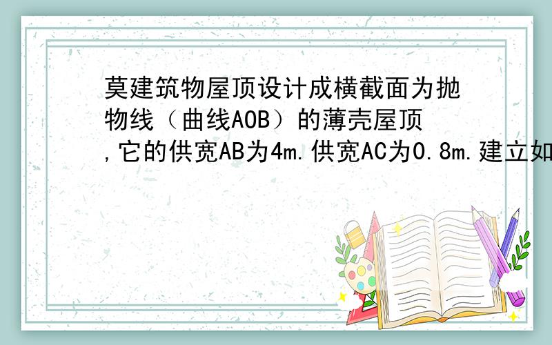 莫建筑物屋顶设计成横截面为抛物线（曲线AOB）的薄壳屋顶,它的供宽AB为4m.供宽AC为0.8m.建立如图所示的直角坐标系,请你求出屋顶横截面抛物线的函数解析式,