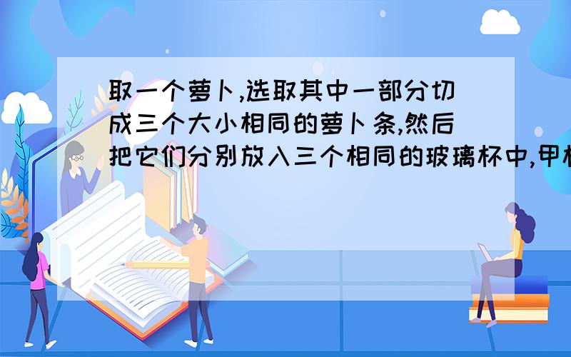 取一个萝卜,选取其中一部分切成三个大小相同的萝卜条,然后把它们分别放入三个相同的玻璃杯中,甲杯中盛有清水（水量能把萝卜条完全淹没）,乙杯中盛有等量的盐水,丙为空杯.1小时后,再