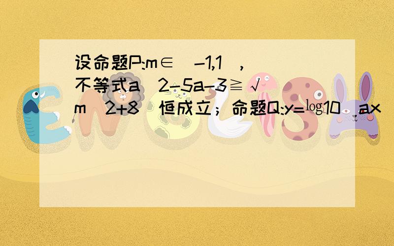 设命题P:m∈[-1,1],不等式a^2-5a-3≧√（m^2+8）恒成立；命题Q:y=㏒10（ax^2-x+a）的定义域为R.如果P或Q为真,P且Q为假,求a的取值范围