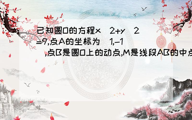 已知圆O的方程x^2+y^2=9,点A的坐标为（1,-1）,点B是圆O上的动点,M是线段AB的中点.（1）求M的轨迹方程； （2）求|OM|的最大值和最小值,其中O为原点.