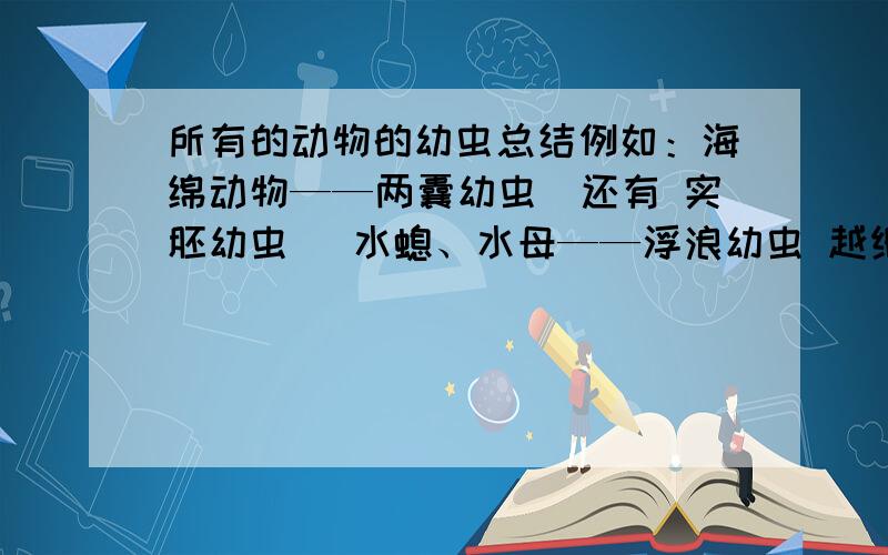 所有的动物的幼虫总结例如：海绵动物——两囊幼虫（还有 实胚幼虫） 水螅、水母——浮浪幼虫 越细越好 以无脊椎动物为主.（不重要的写在括号里面）